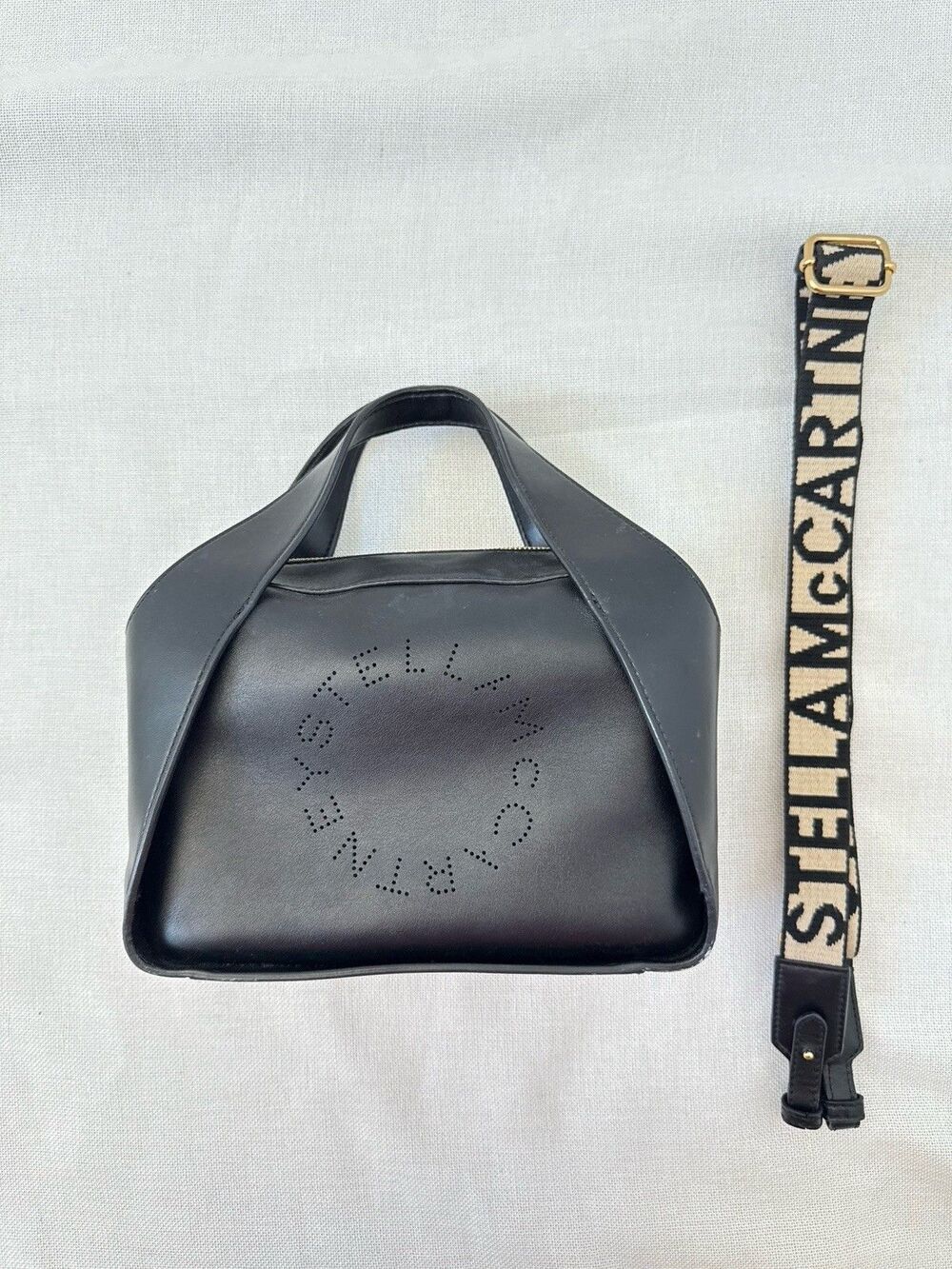 Stella McCartney Black Perforated Logo Top Handle Satchel Detachable Strap